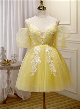 Picture of Light Yellow Tulle with Lace Puffy Sleeves Party Dresses, Yellow Homecoming Dress